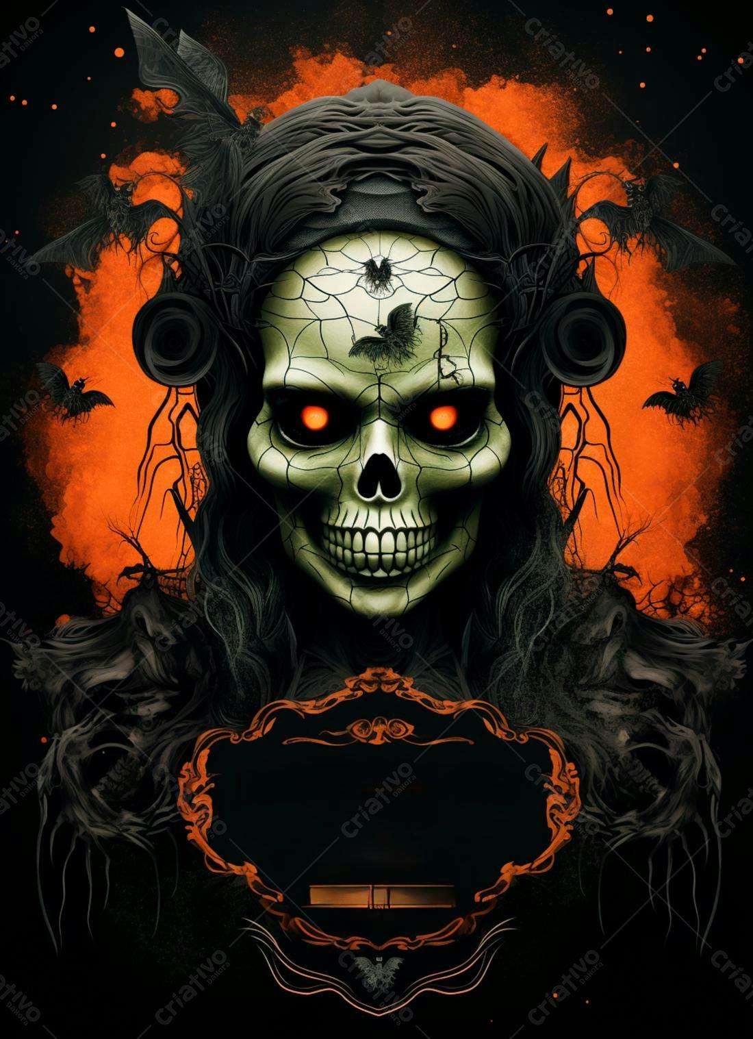 Caveira com véu negro fundo laranja Halloween