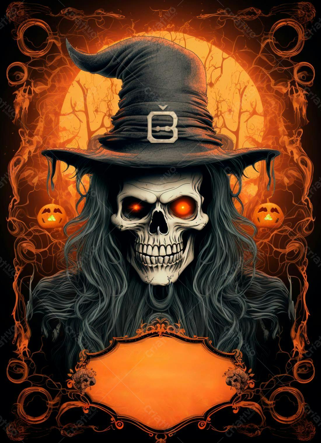Bruxa esqueleto Halloween fundo laranja