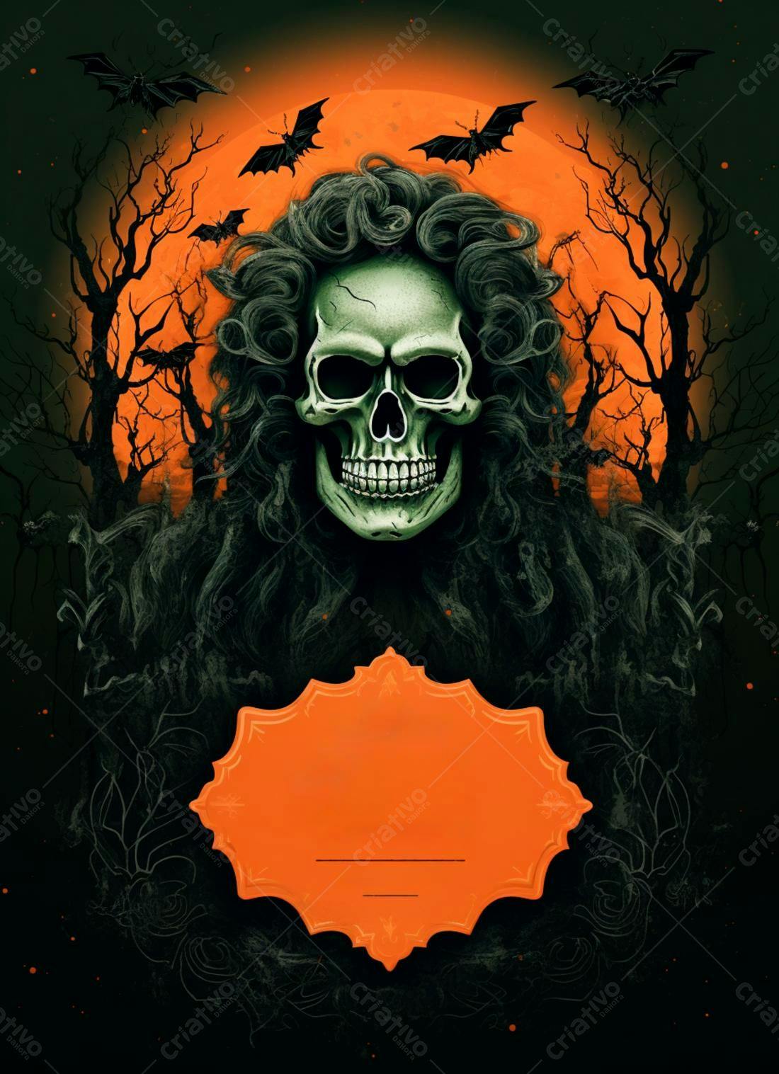 Caveira com cabelo longo em noite de Halloween