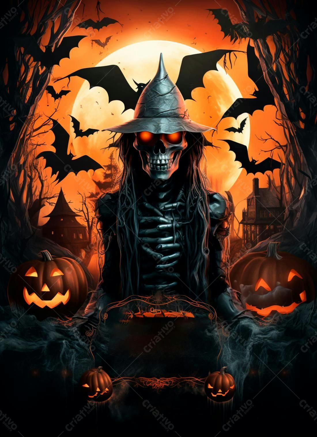 Esqueleto bruxo Halloween abóboras