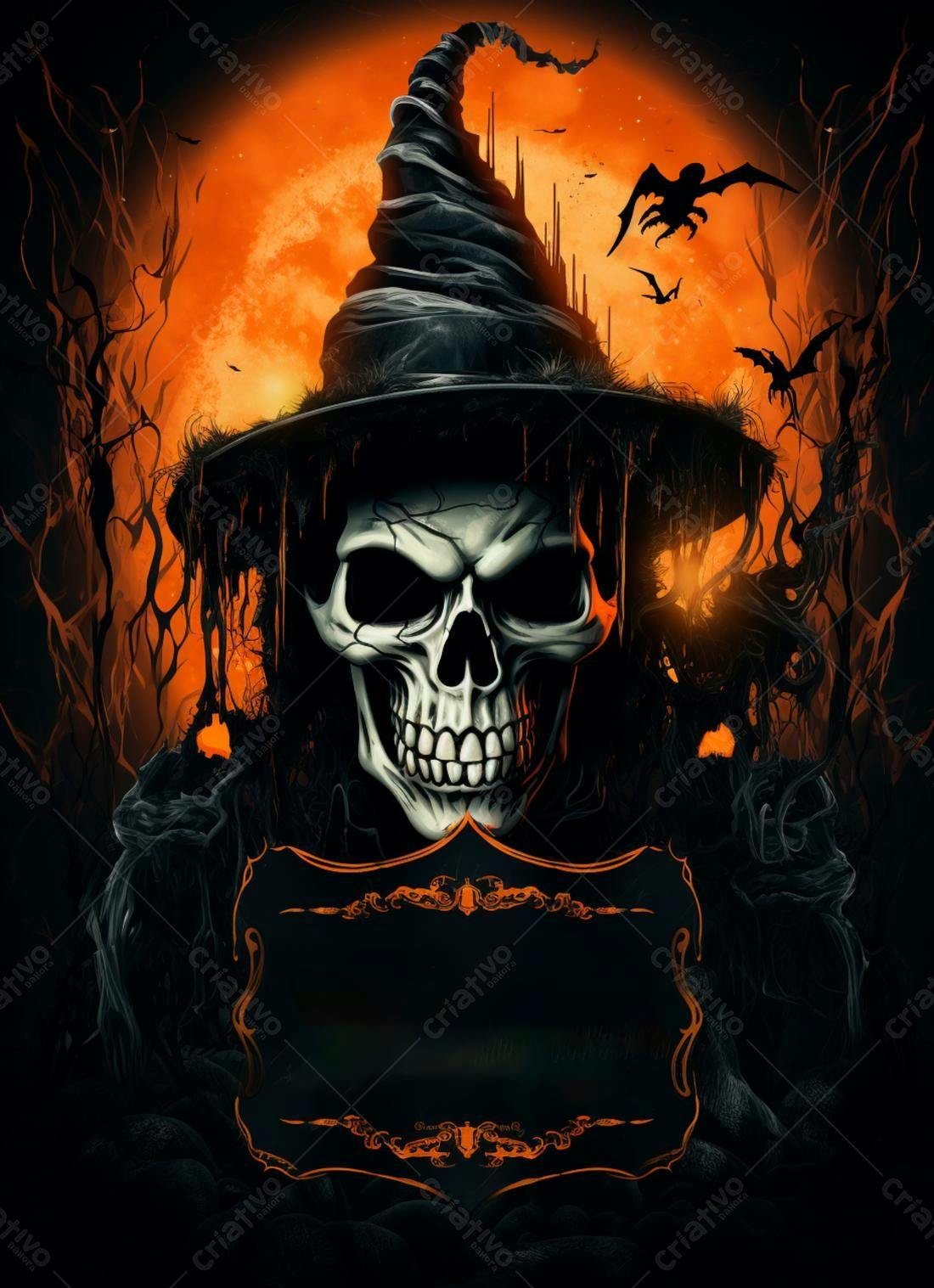Caveira com chapéu de bruxa em noite de Halloween