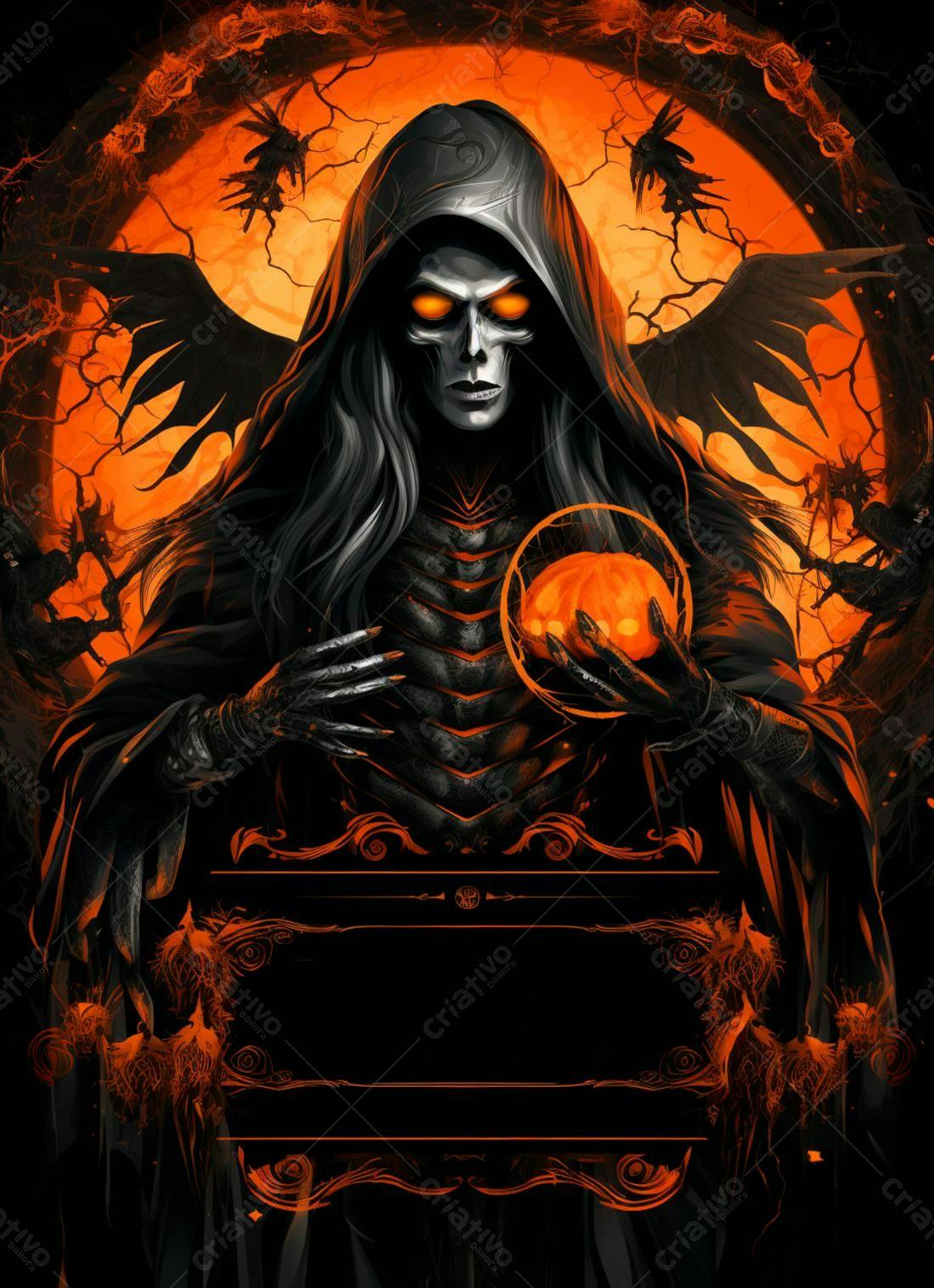 Bruxa sombria segurando abóbora laranja Halloween
