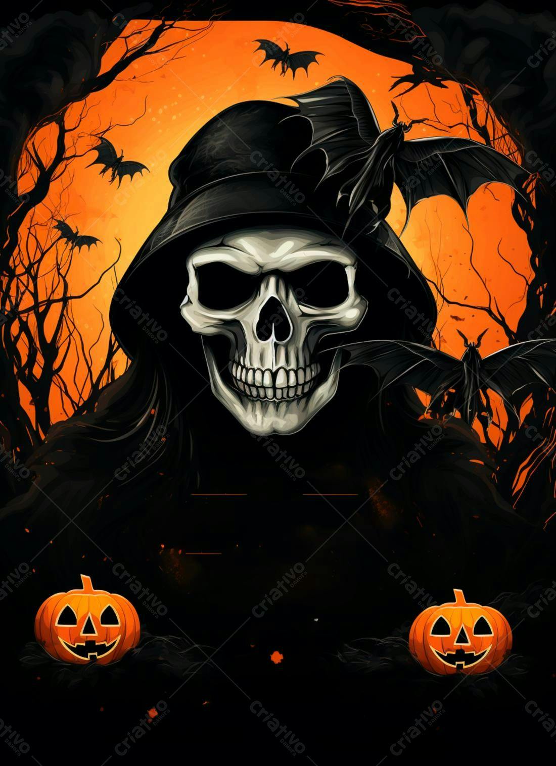 Caveira com Capuz em Cenário de Halloween