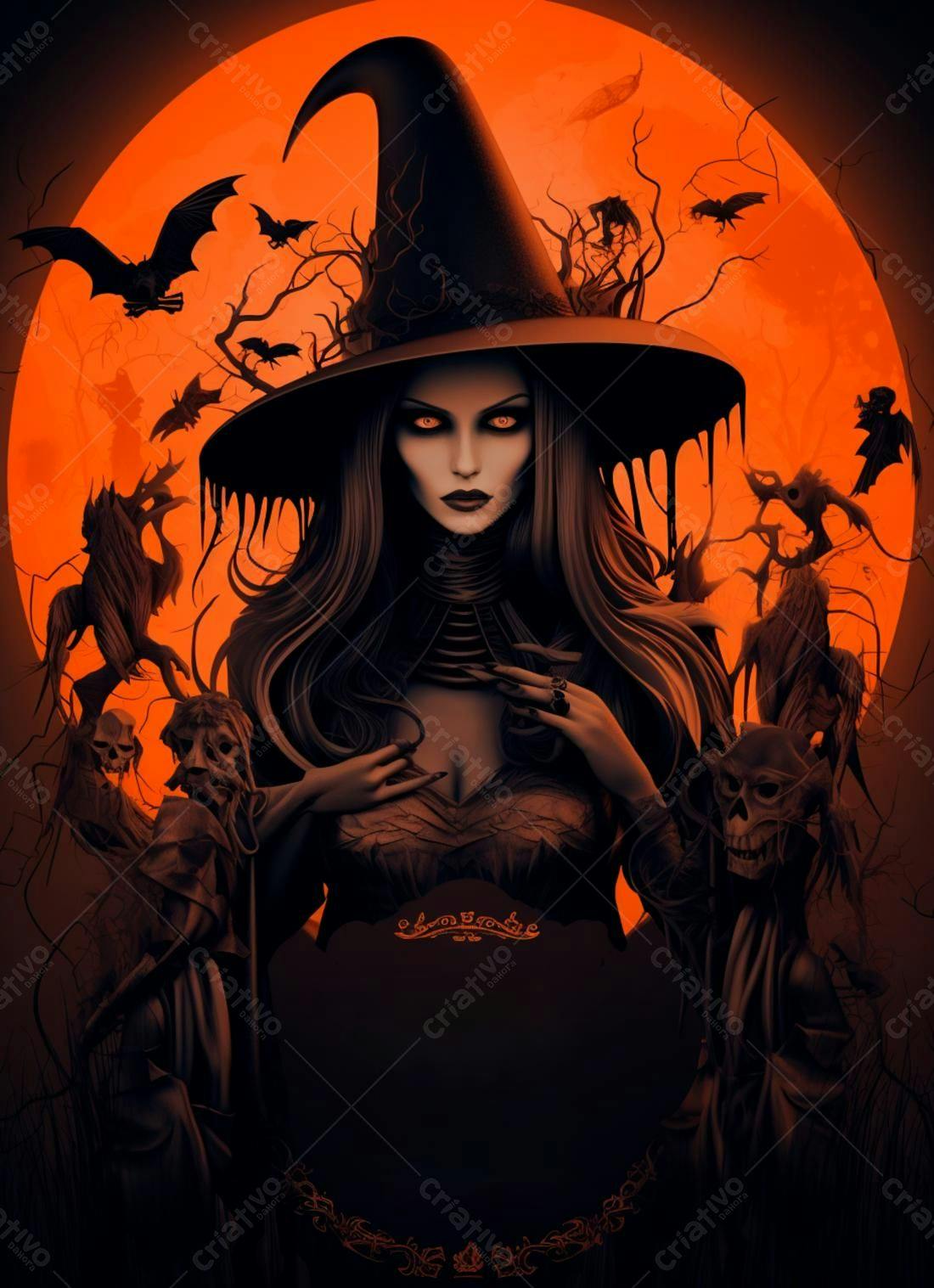 Bruxa Sombria em Lua Laranja Halloween