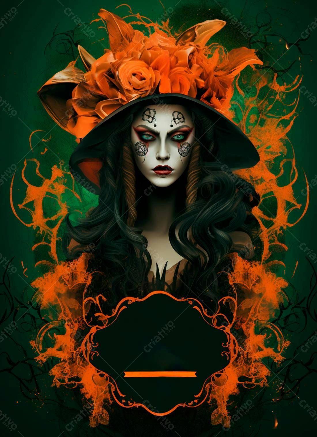 Mulher com maquiagem de Halloween e chapéu de flores laranja