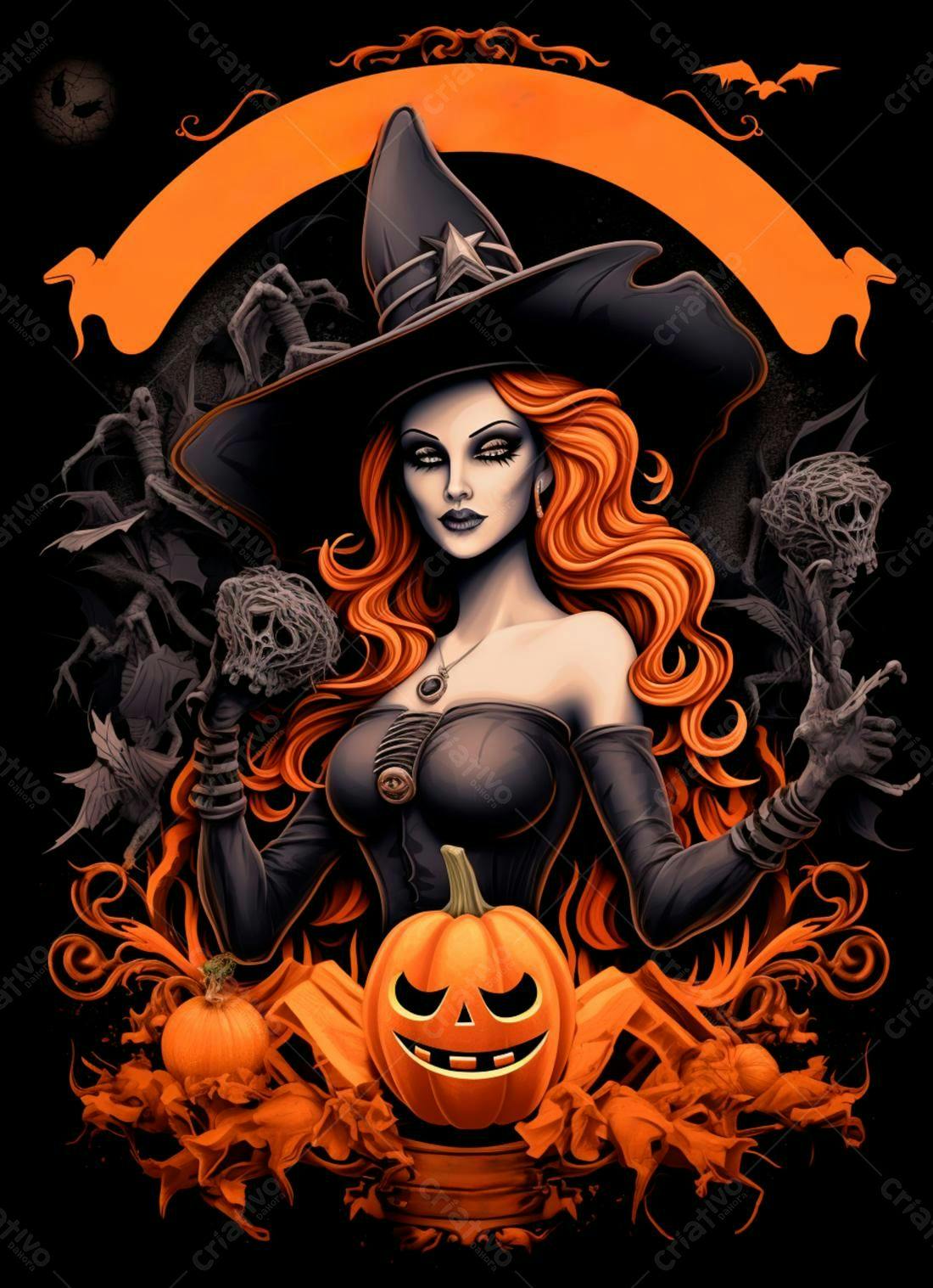 Bruxa com cabelo ruivo e abóbora Halloween