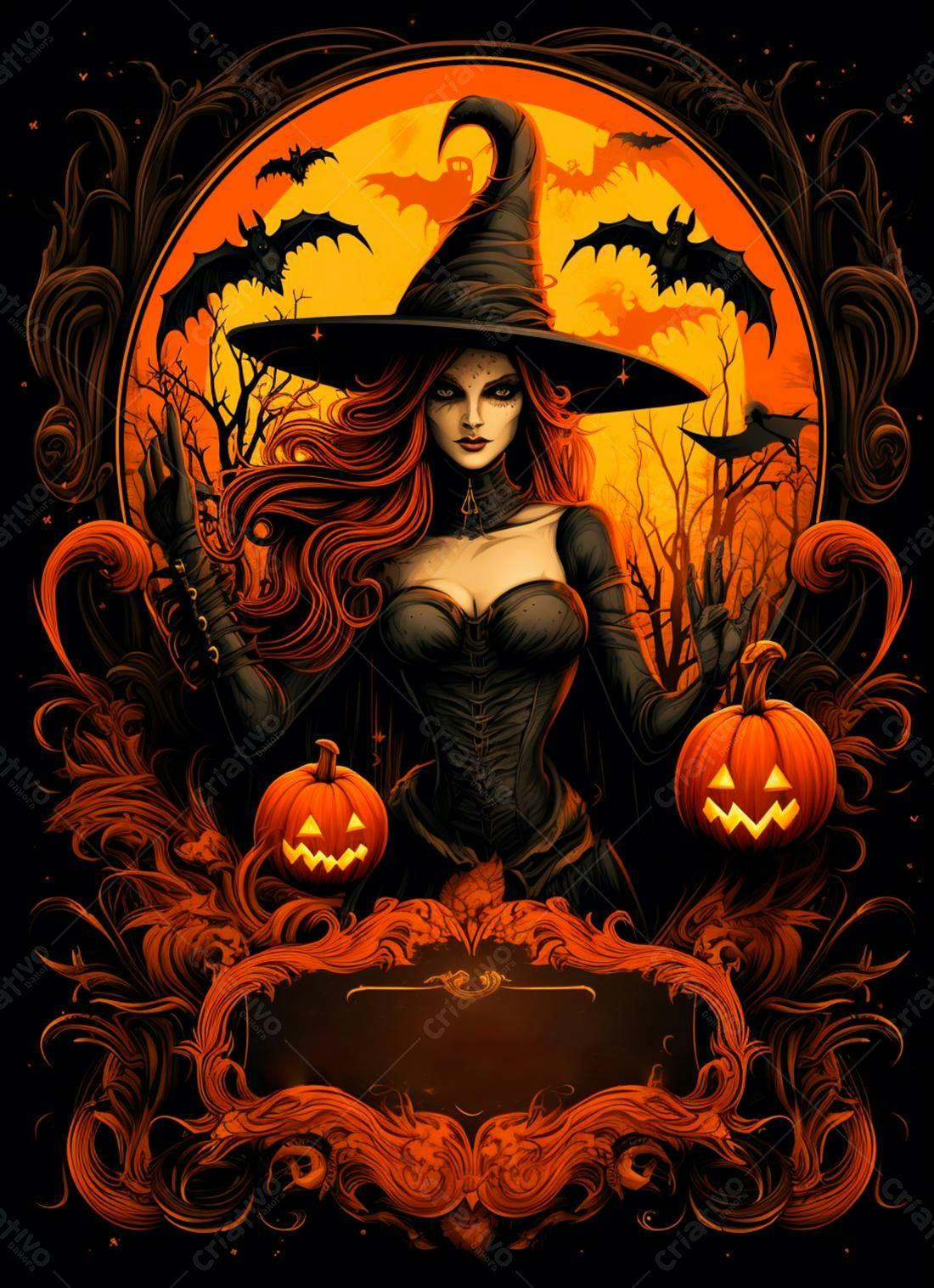 Bruxa com abóboras noite Halloween