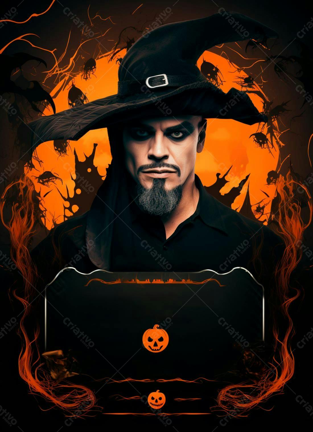 Bruxo Halloween chapéu preto fundo laranja