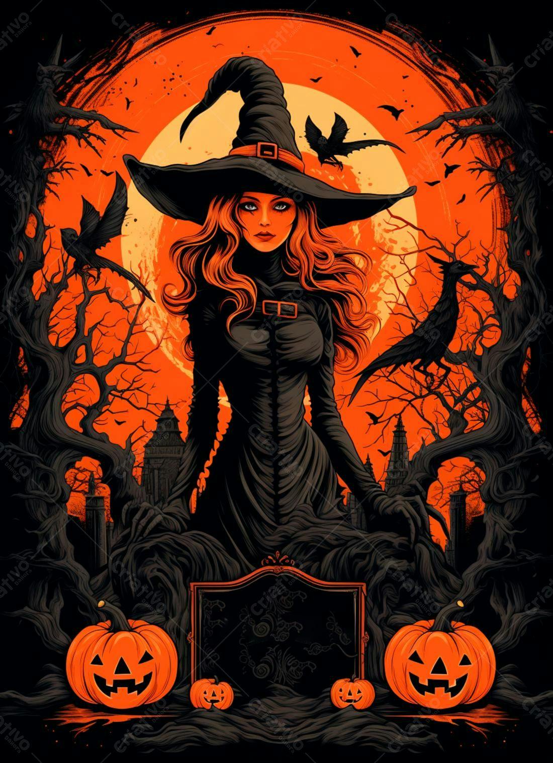 Bruxa com chapéu e abóboras em cenário de Halloween