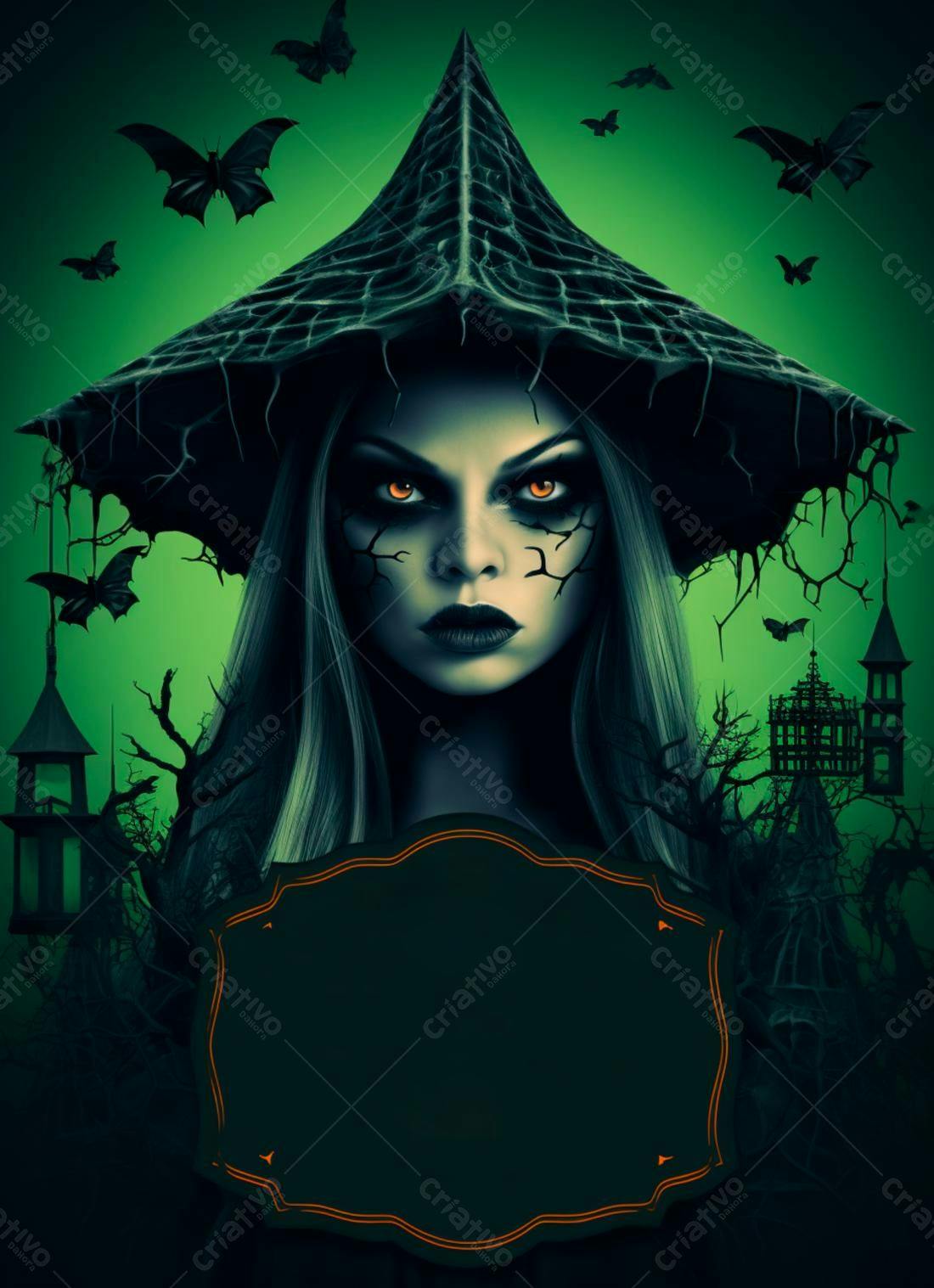 Bruxa Sombria com Chapéu de Bruxa em Cenário de Halloween