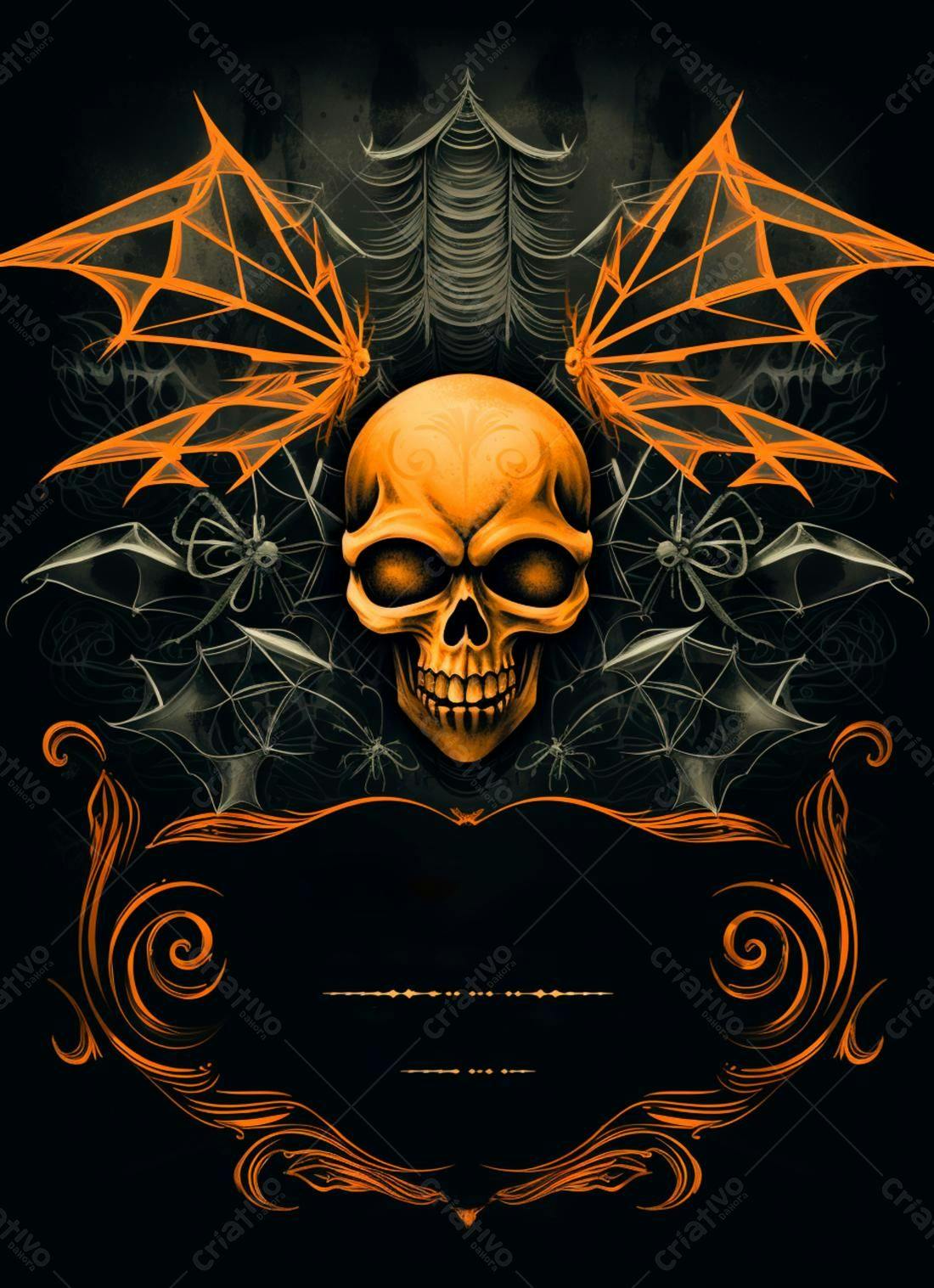 Caveira com asas de morcego e teias de aranha