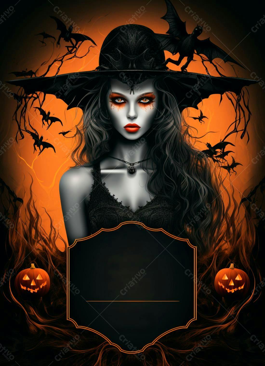 Bruxa Halloween com morcegos e abóboras