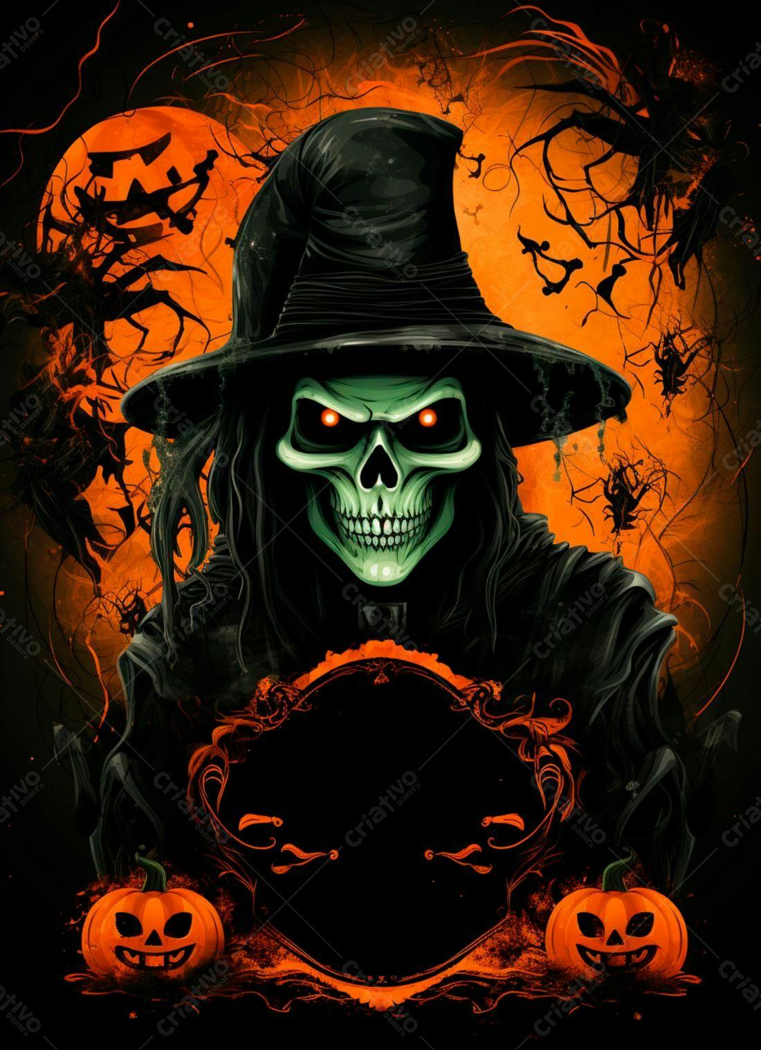 Bruxa caveira Halloween laranja e preto