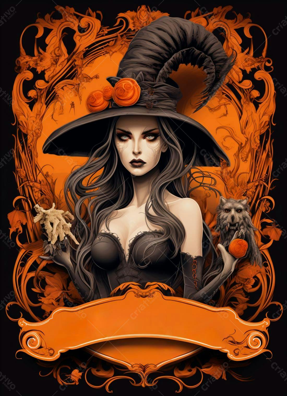Bruxa elegante com chapéu e coruja para o Halloween