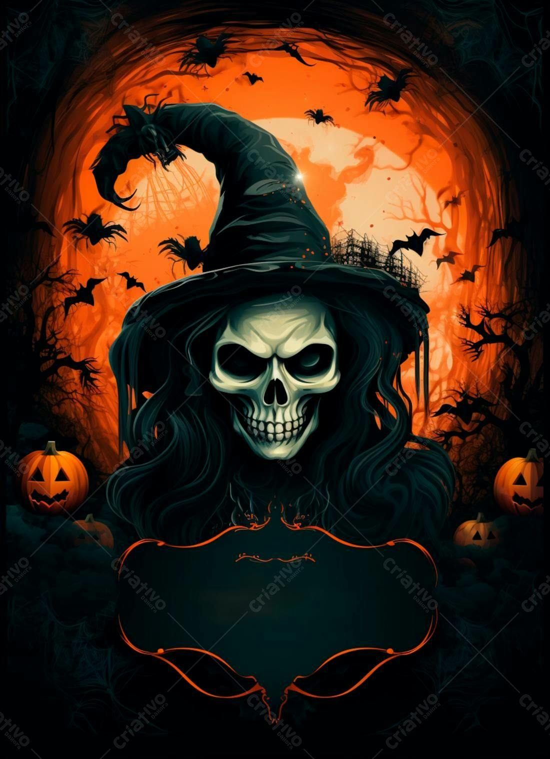 Bruxa esqueleto Halloween abóboras