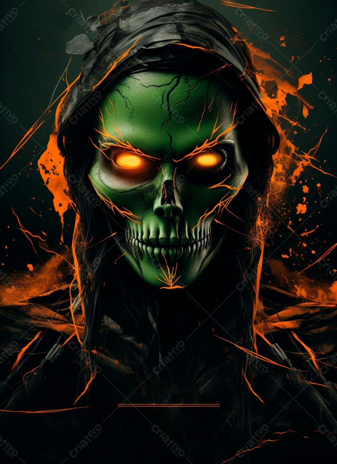 Máscara de caveira verde e fogo