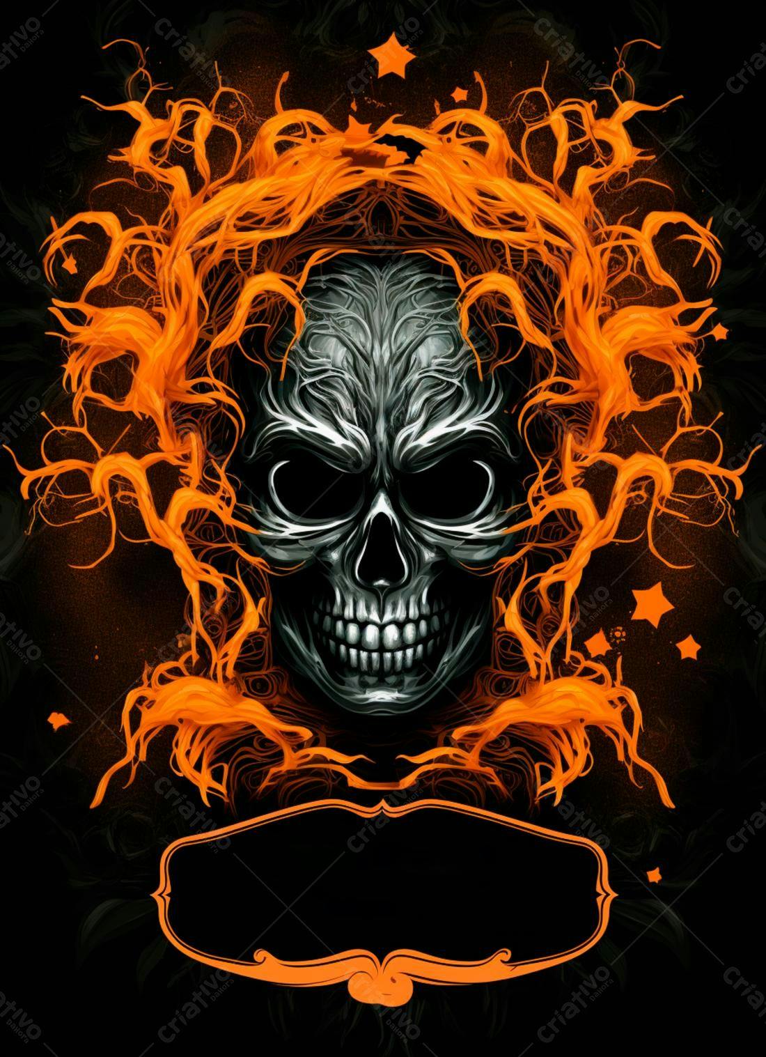 Caveira em chamas laranja Halloween