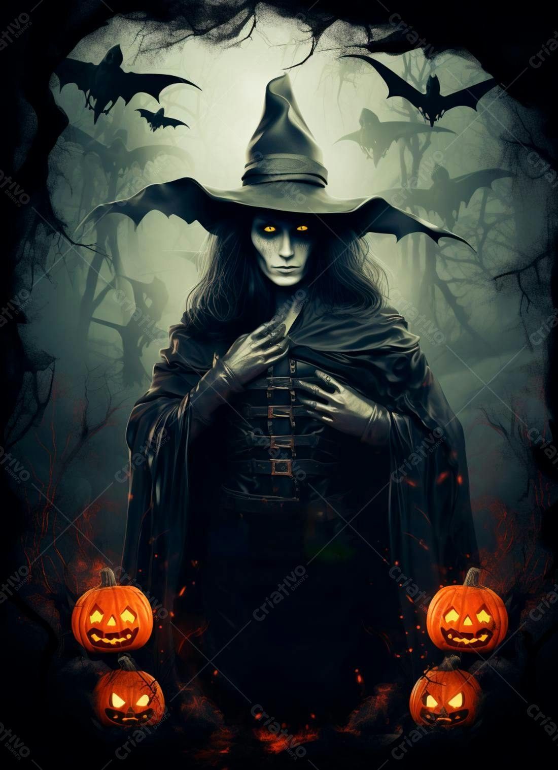 Bruxa sombria em floresta escura Halloween