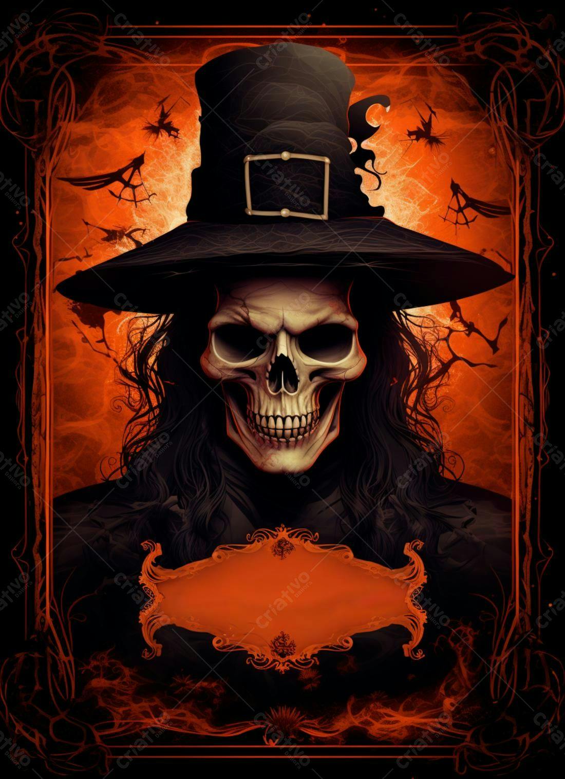 Caveira com chapéu de bruxa fundo Halloween