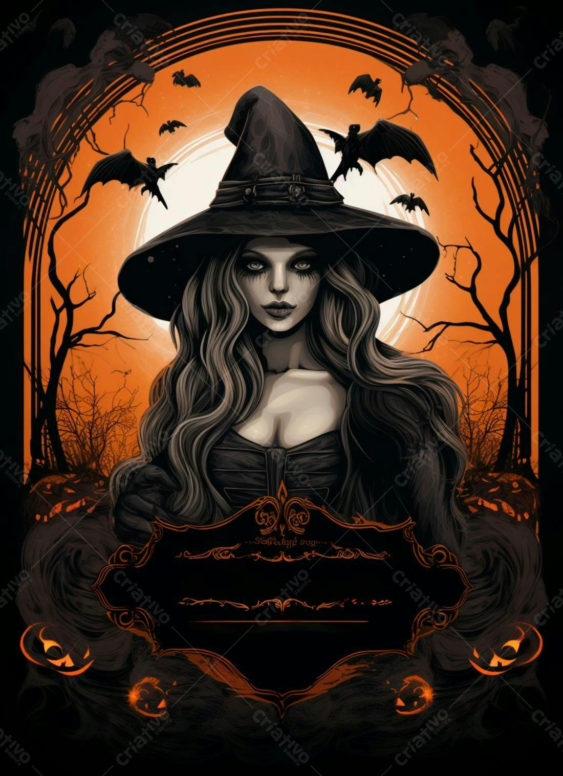Bruxa com chapéu em cenário de Halloween