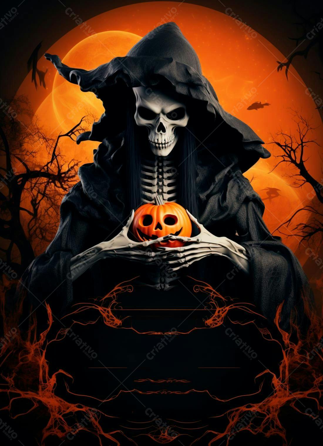 Esqueleto com abóbora Halloween