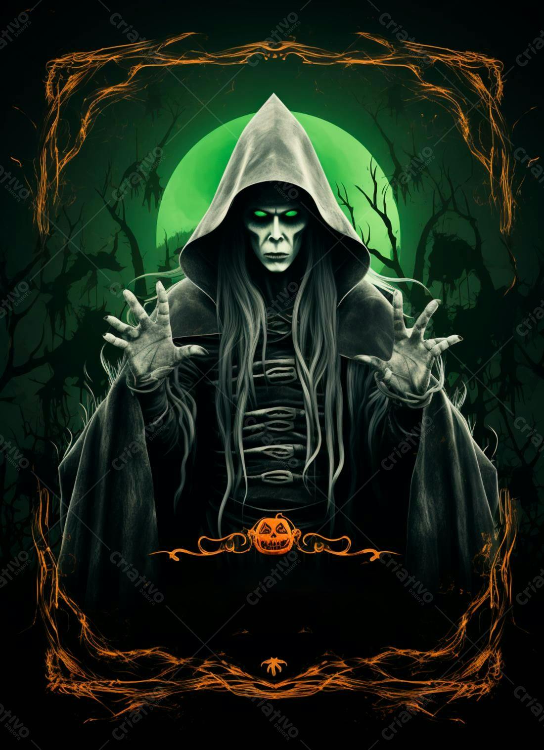 Bruxo Sombrio em Floresta Noturna de Halloween