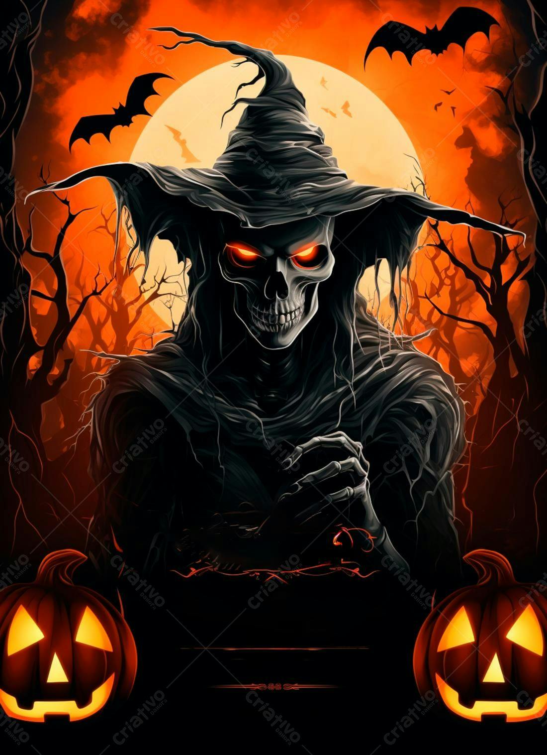 Bruxa esqueleto Halloween abóboras