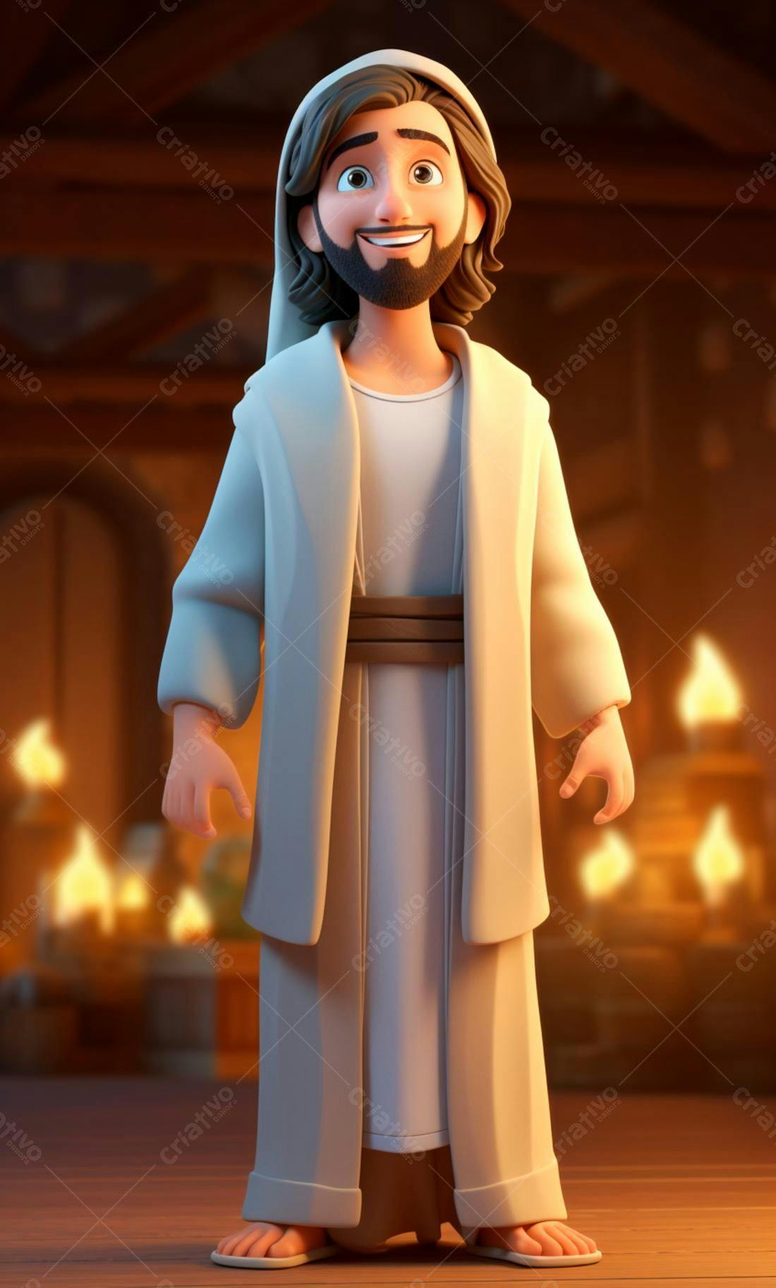 Jesus desenho animado sorrindo em ambiente aconchegante