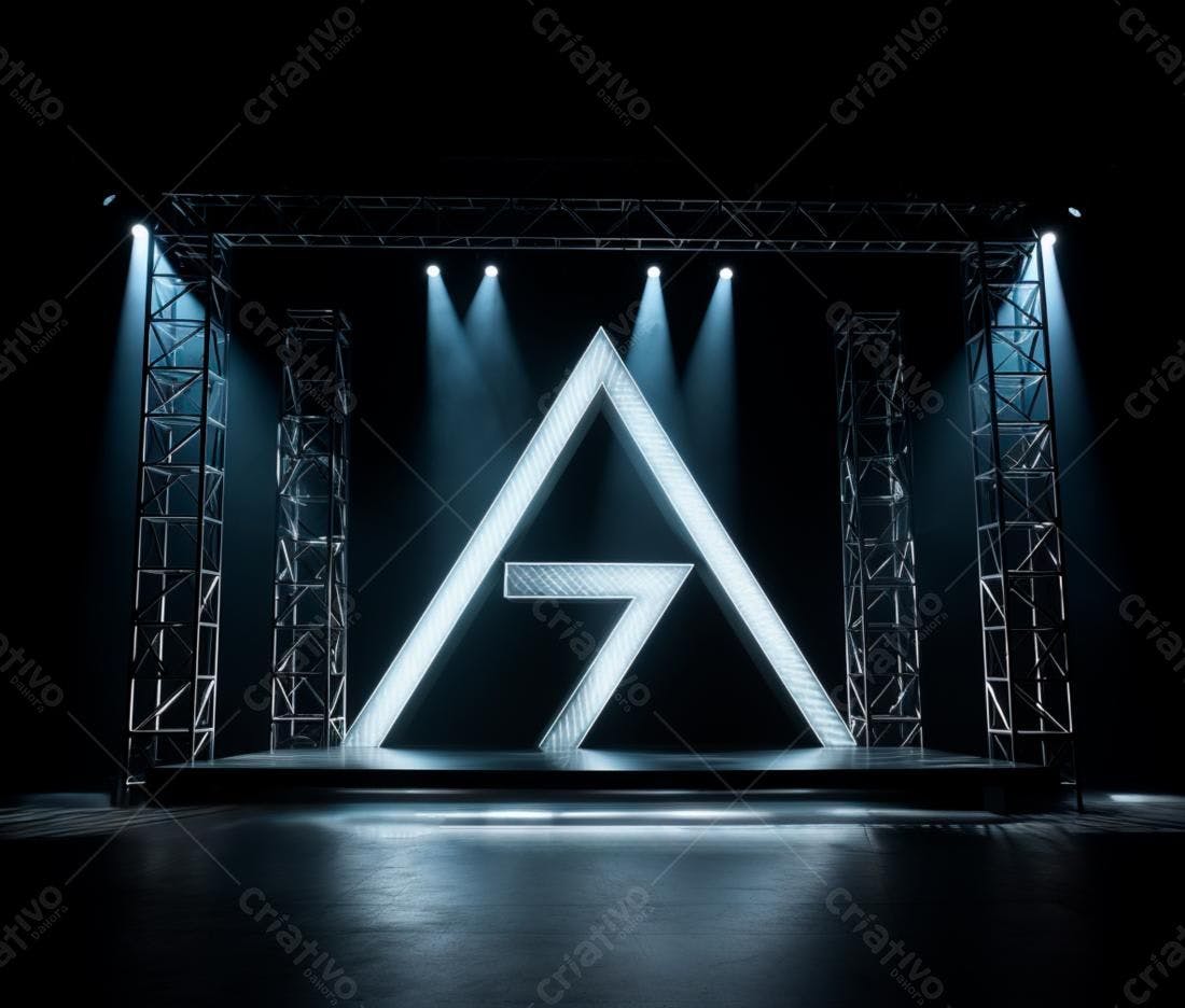 Palco com estrutura metálica e logo luminoso