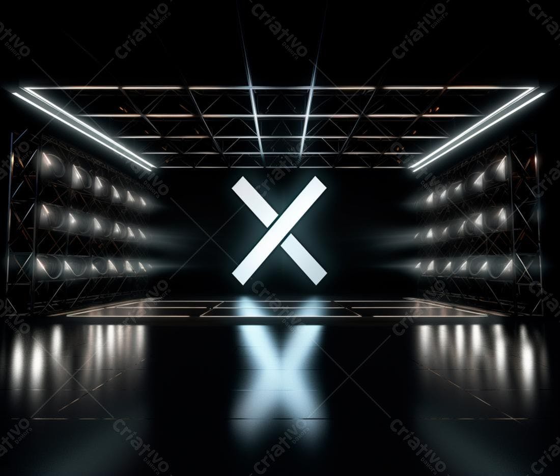 Ambiente futurista com iluminação neon e X branco