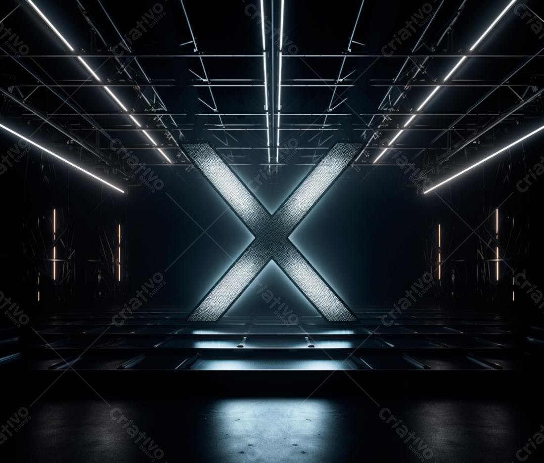 Letra X iluminada em ambiente industrial
