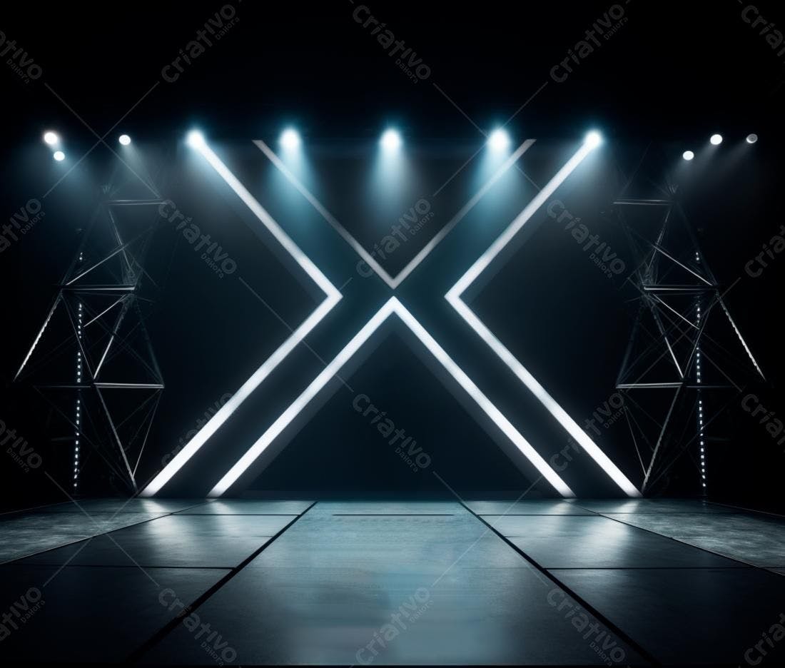 Palco iluminado com luzes brancas e estrutura metálica