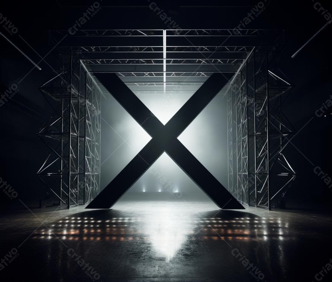 Estrutura metálica em X com iluminação dramática