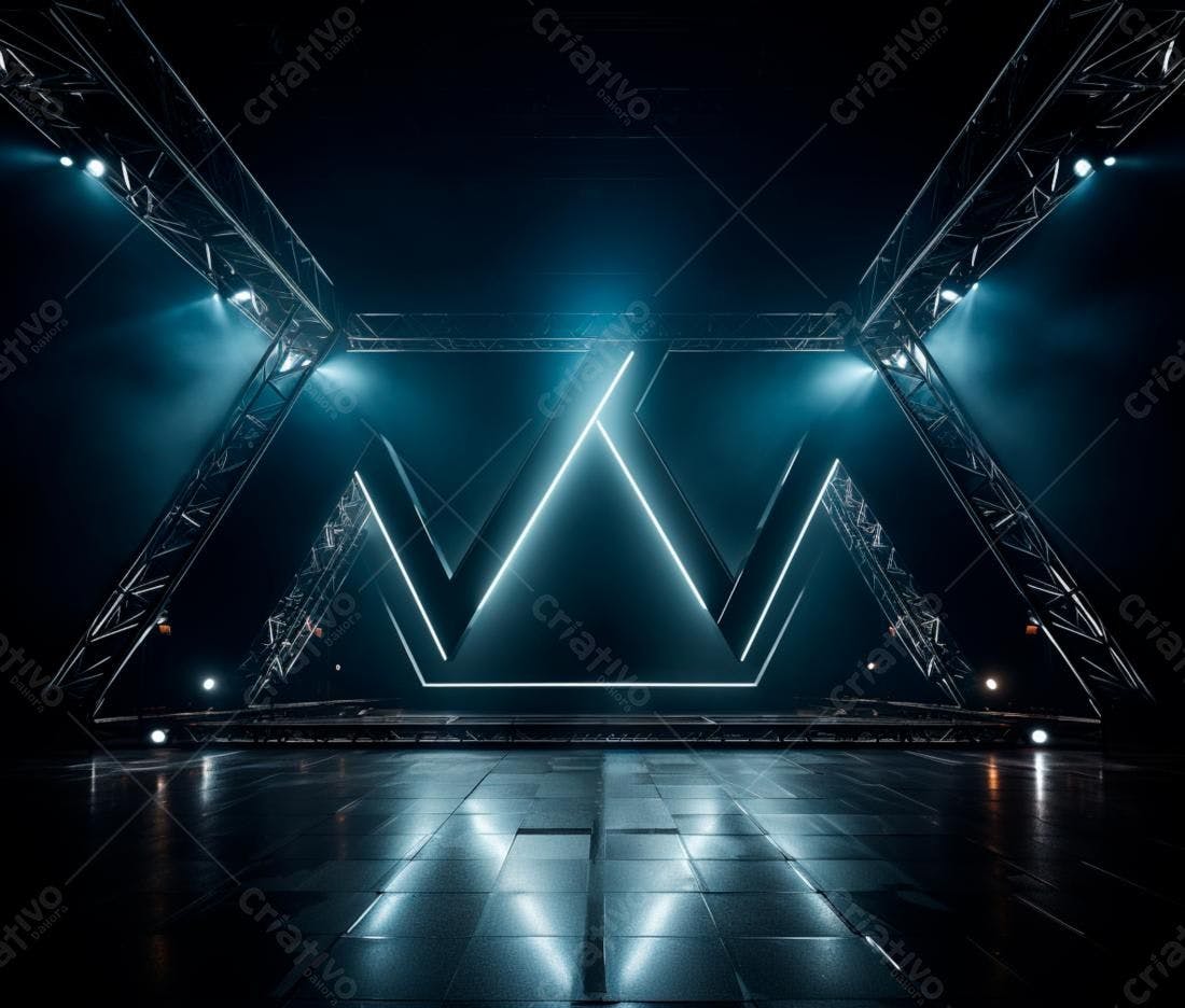 Palco com iluminação cênica azul e estruturas metálicas