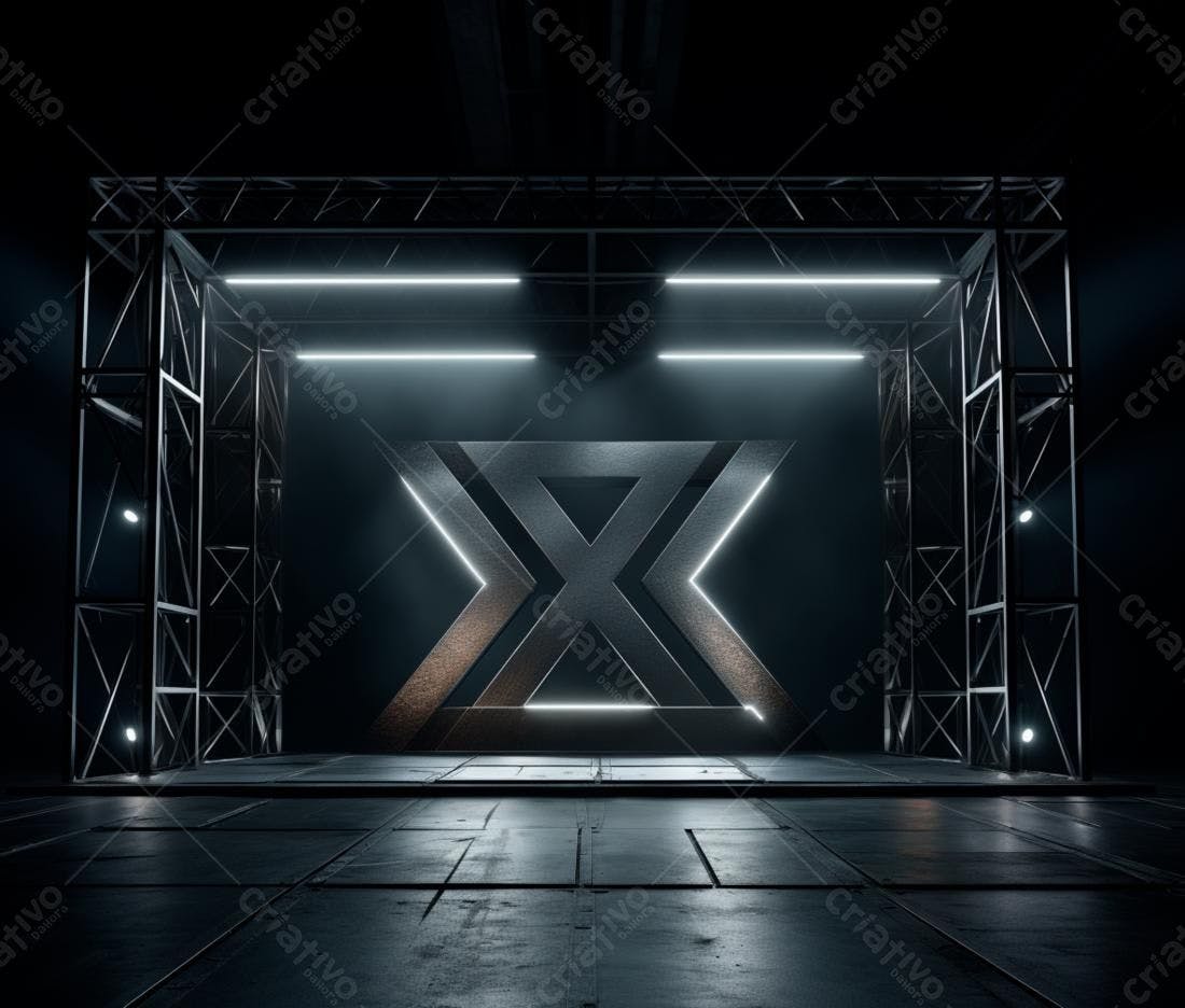 Palco com logo X em aço e luzes neon