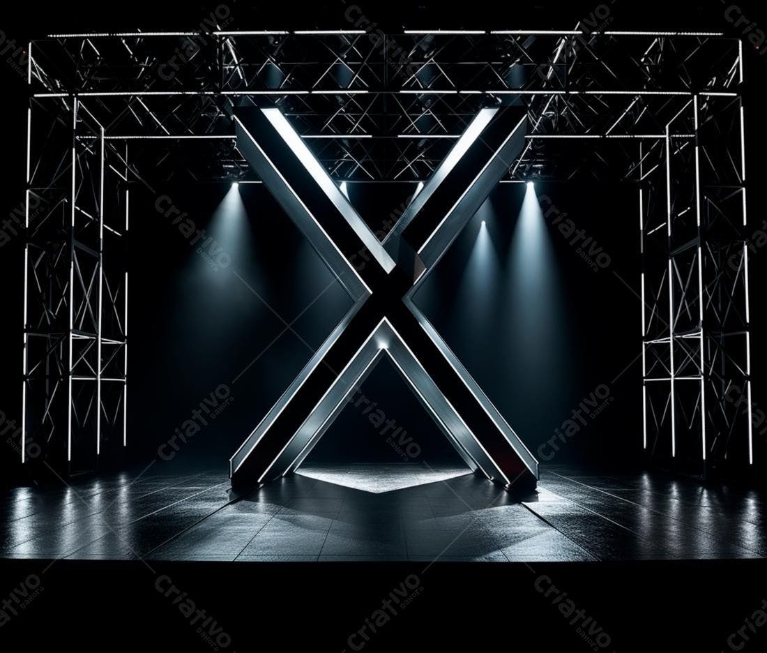 Estrutura metálica em X iluminada palco