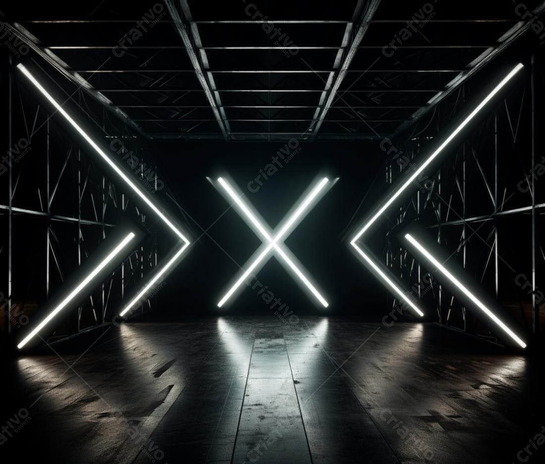 Ambiente escuro com luzes neon em formato de X