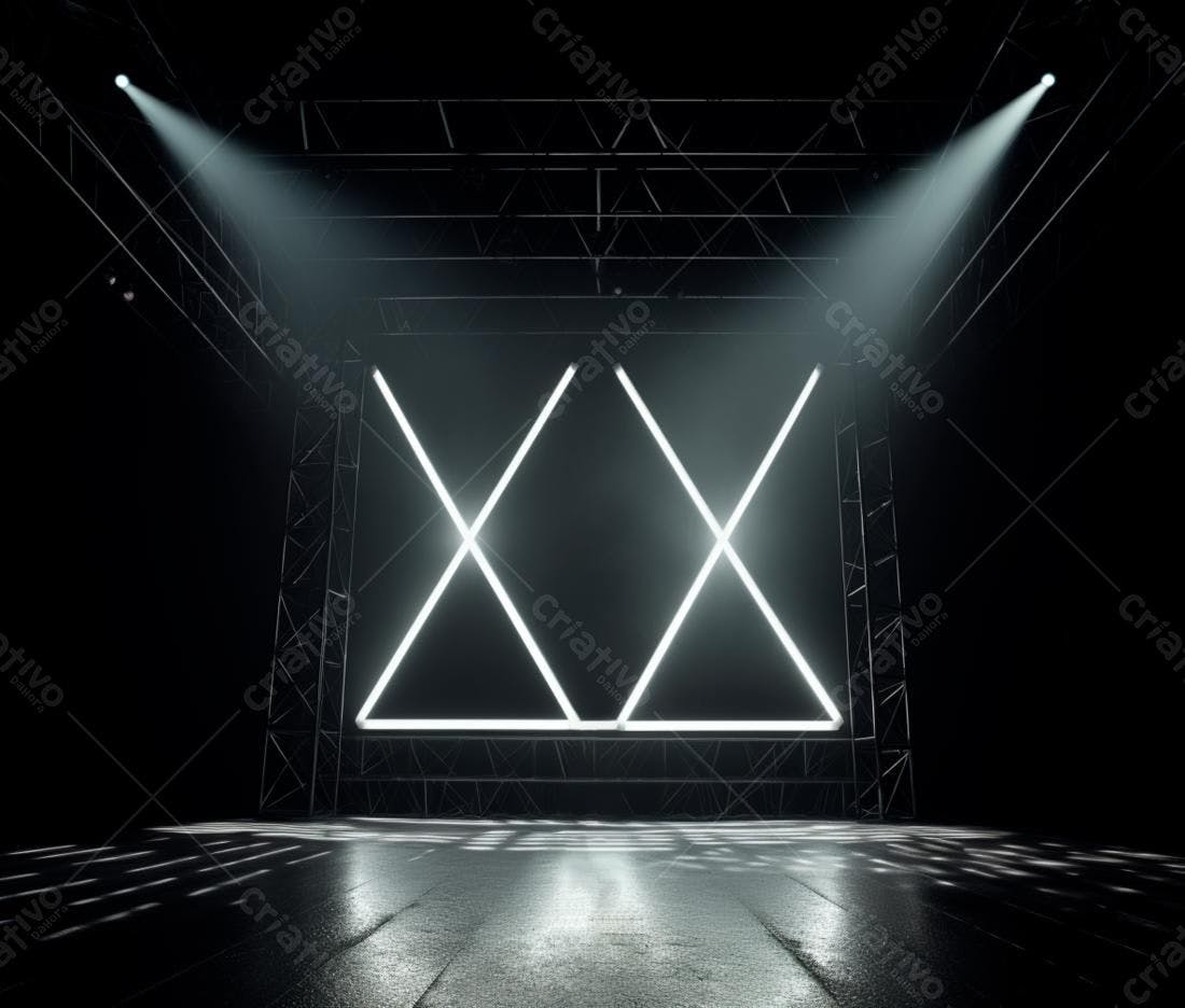 Palco com iluminação geométrica em tons de branco e preto