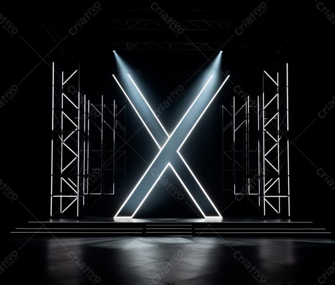 Palco com iluminação em X e estrutura metálica