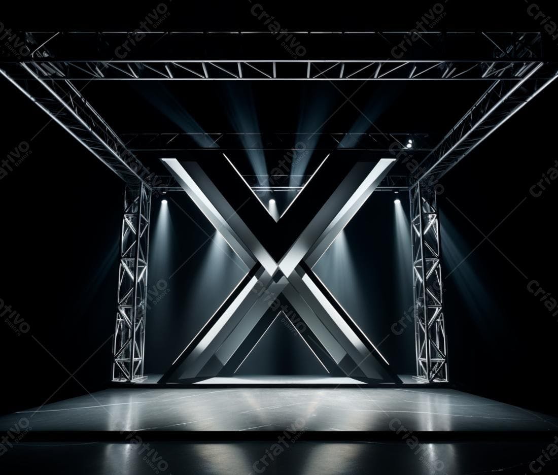 Palco minimalista com estrutura metálica e iluminação dramática