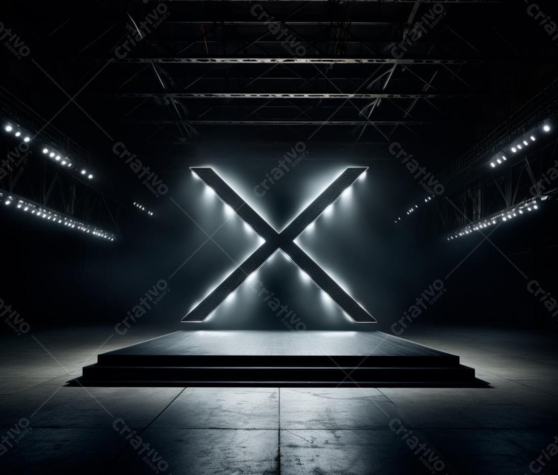 Logo X iluminada em palco escuro