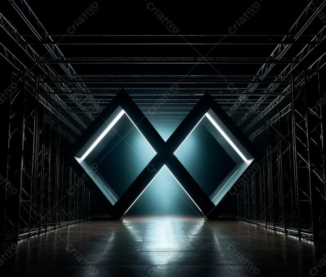 Instalação artística geométrica com iluminação cian