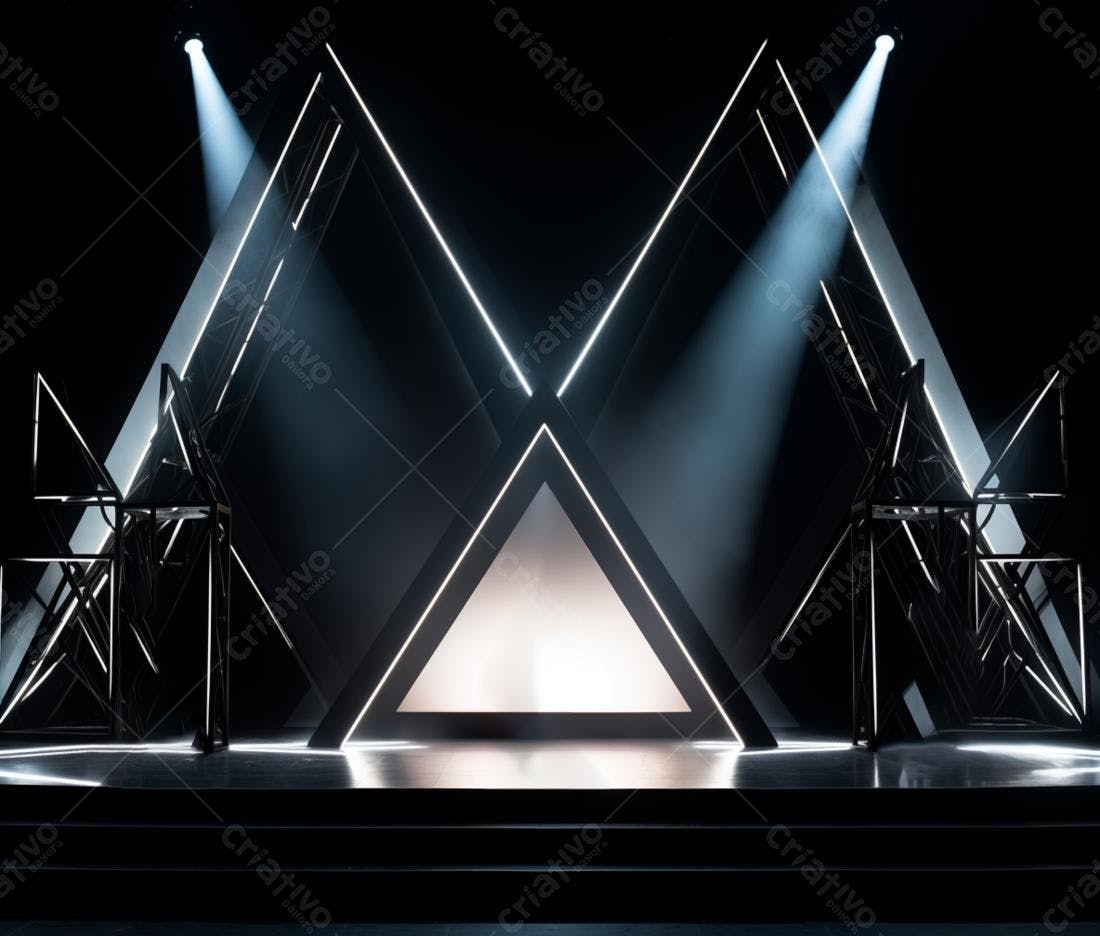 Palco com iluminação moderna e estruturas geométricas