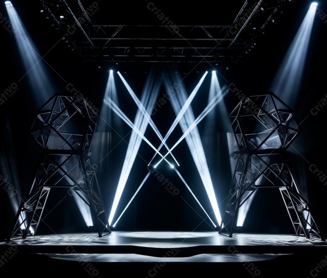 Palco iluminado com estruturas geométricas