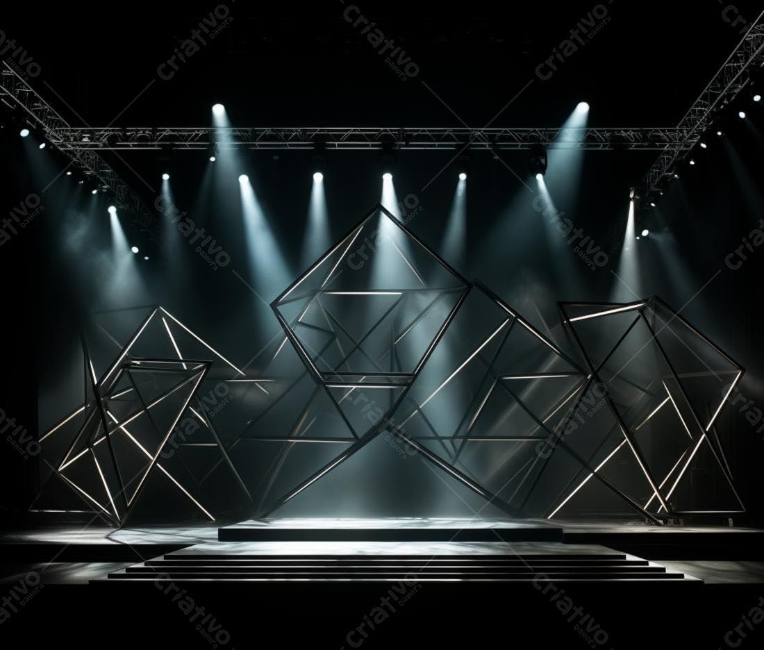 Palco com estruturas geométricas iluminadas