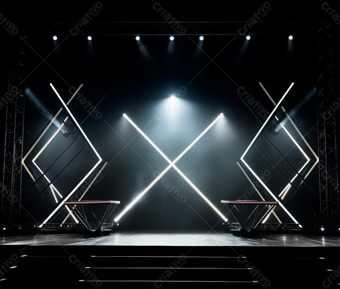 Palco iluminado com estruturas geométricas