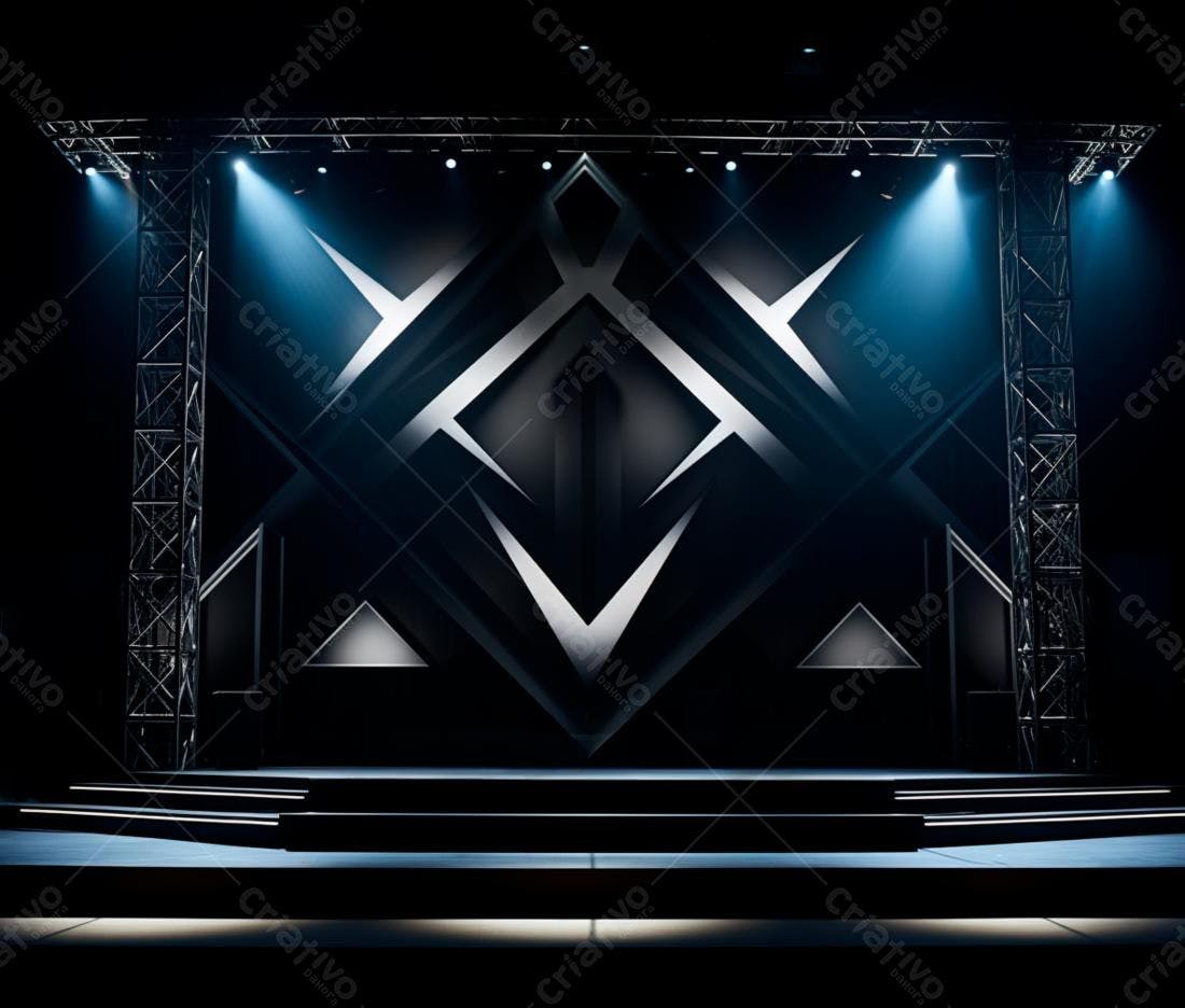 Palco com iluminação azul e estrutura metálica