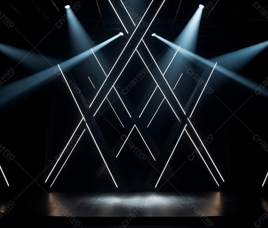 Palco com luzes neon e estrutura geométrica