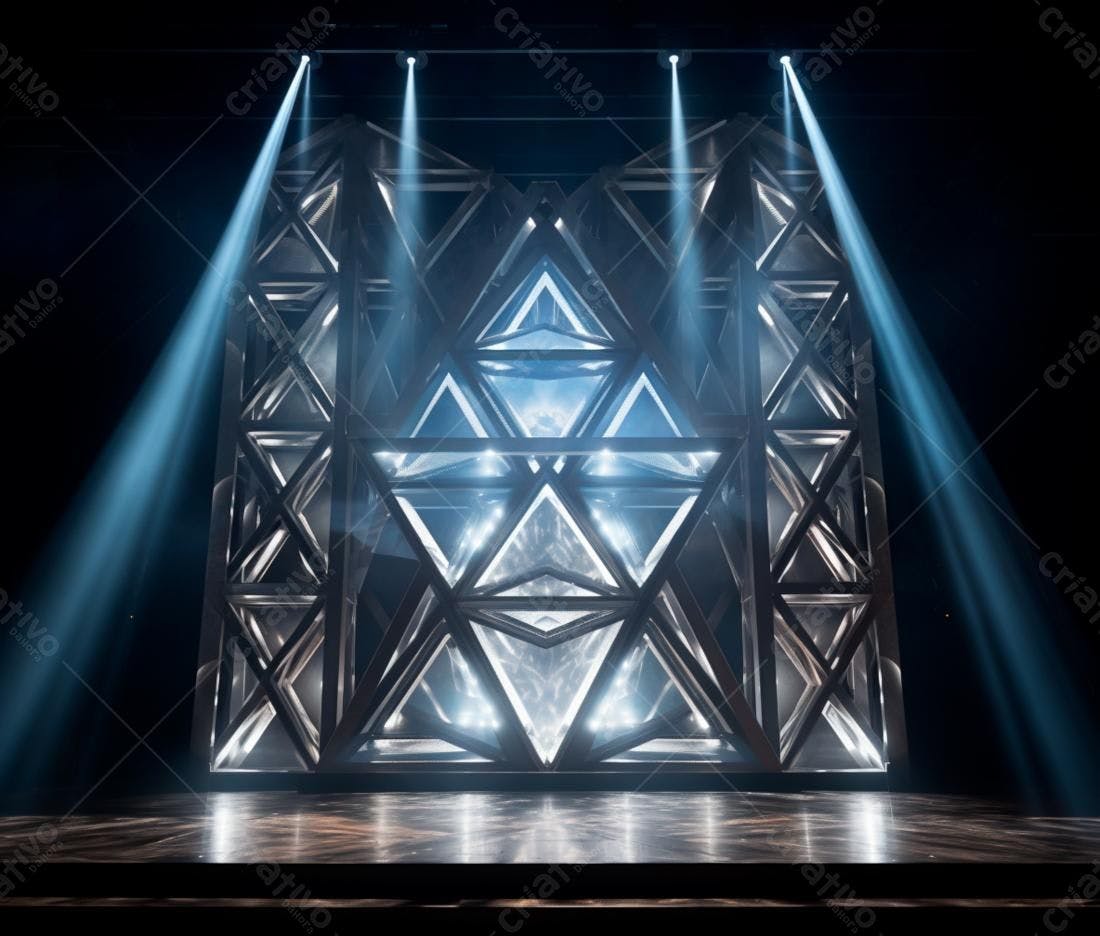 Estrutura metálica iluminada em palco escuro