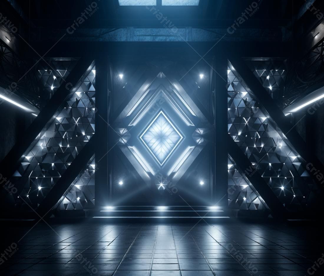 Ambiente futurista com iluminação azul e metálica